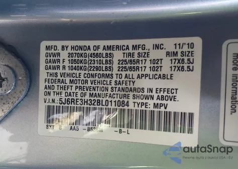 2011 Honda Cr-V Lx из США, поврежденный, VIN 5J6RE3H32BL011084